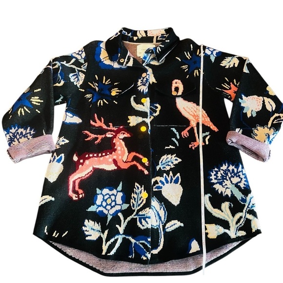BY ANTHROPOLOGIE WOMEN’S CUTE SHACKET SWEATER BLACK WITH FLAMINGOS & FLORAL SZ M - Picture 8 of 9